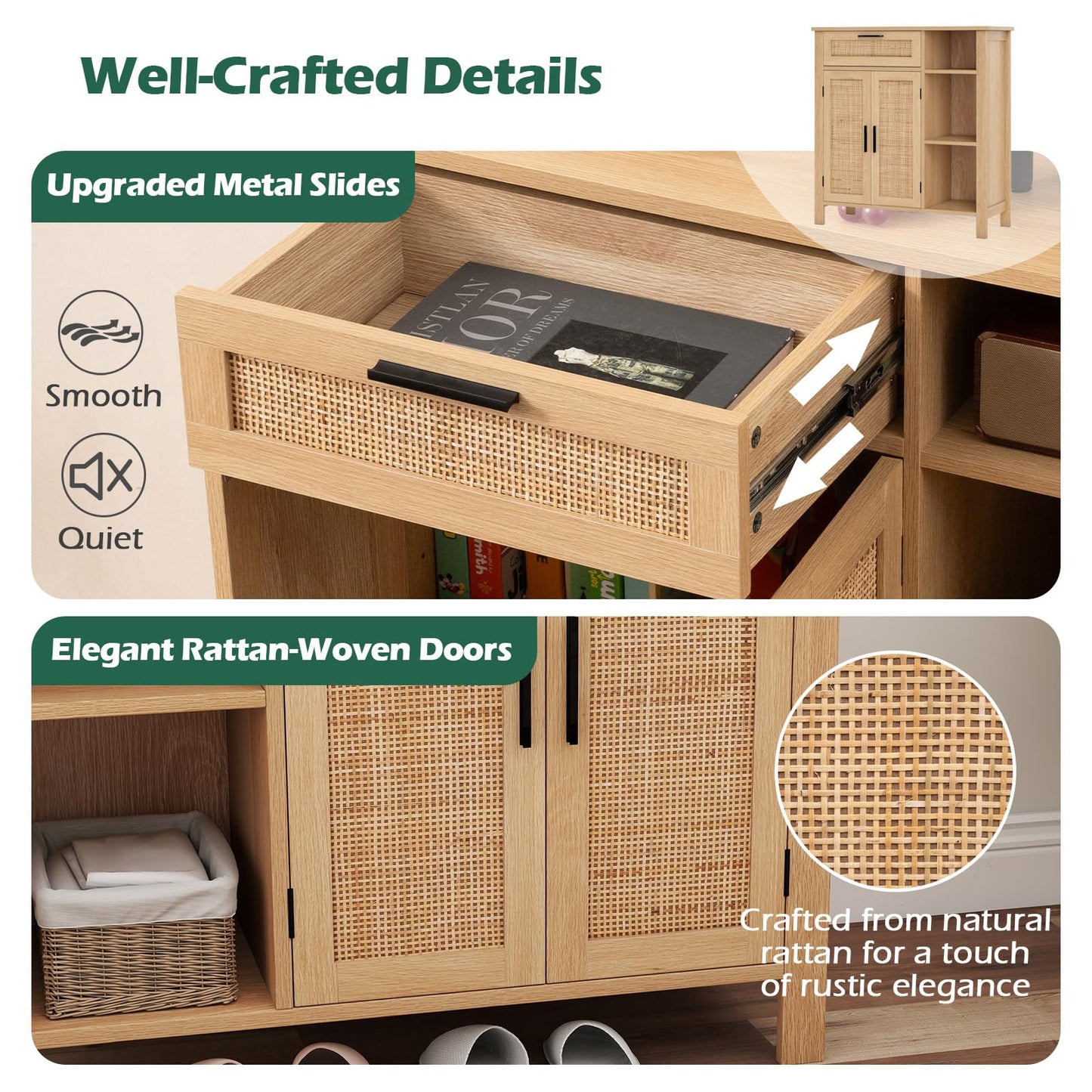 Buffet Sideboard with Rattan Woven Doors and Adjustable Shelf