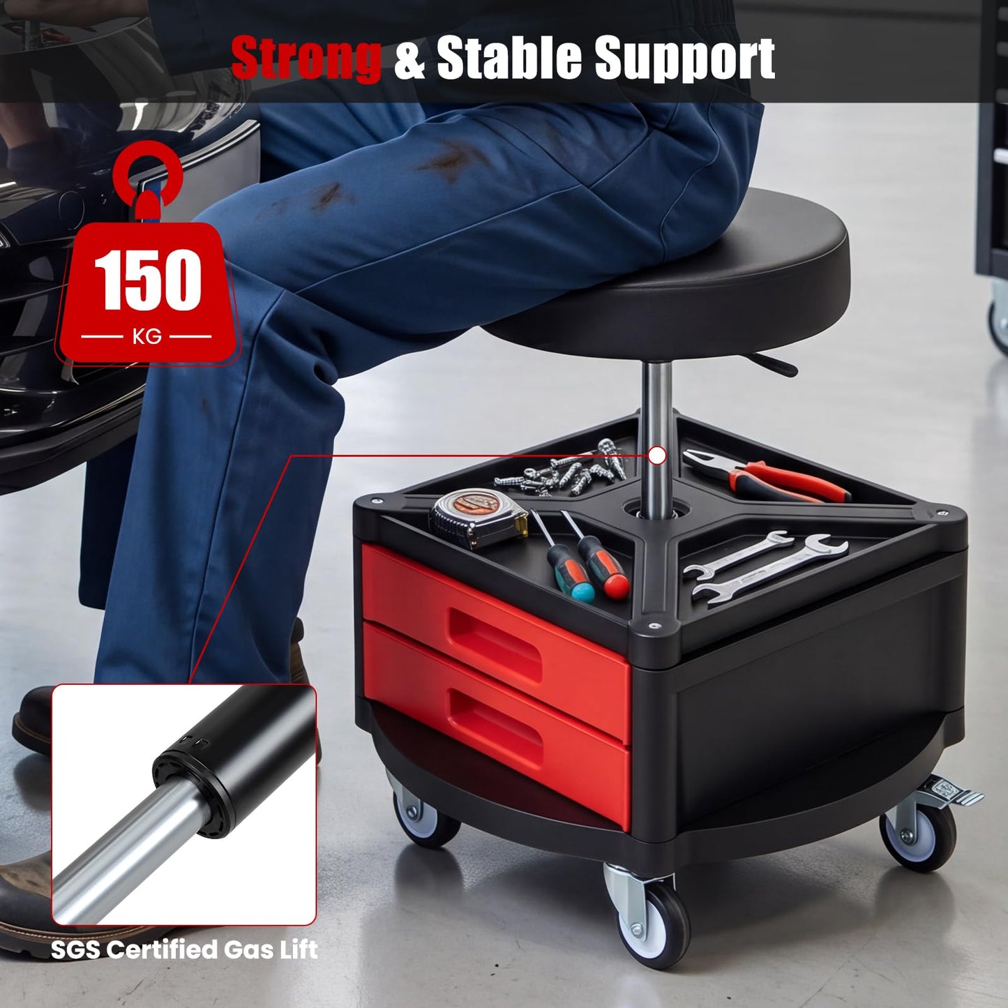 Height-Adjustable Rolling Mechanic Stool with Cushioned Seat Tool Tray for Repair Shop