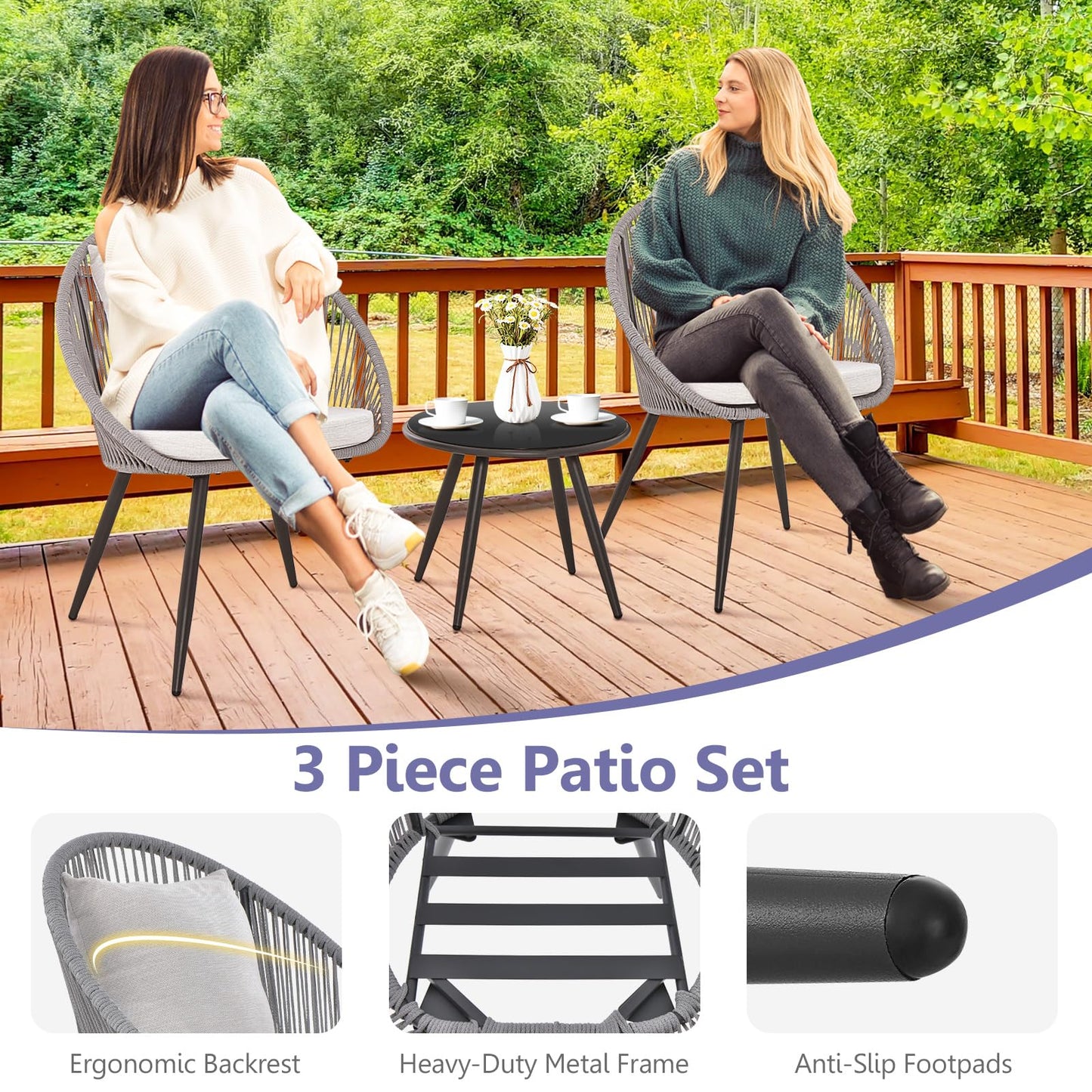String Patio Bistro Set with 2 Chairs and Glass Coffee Table
