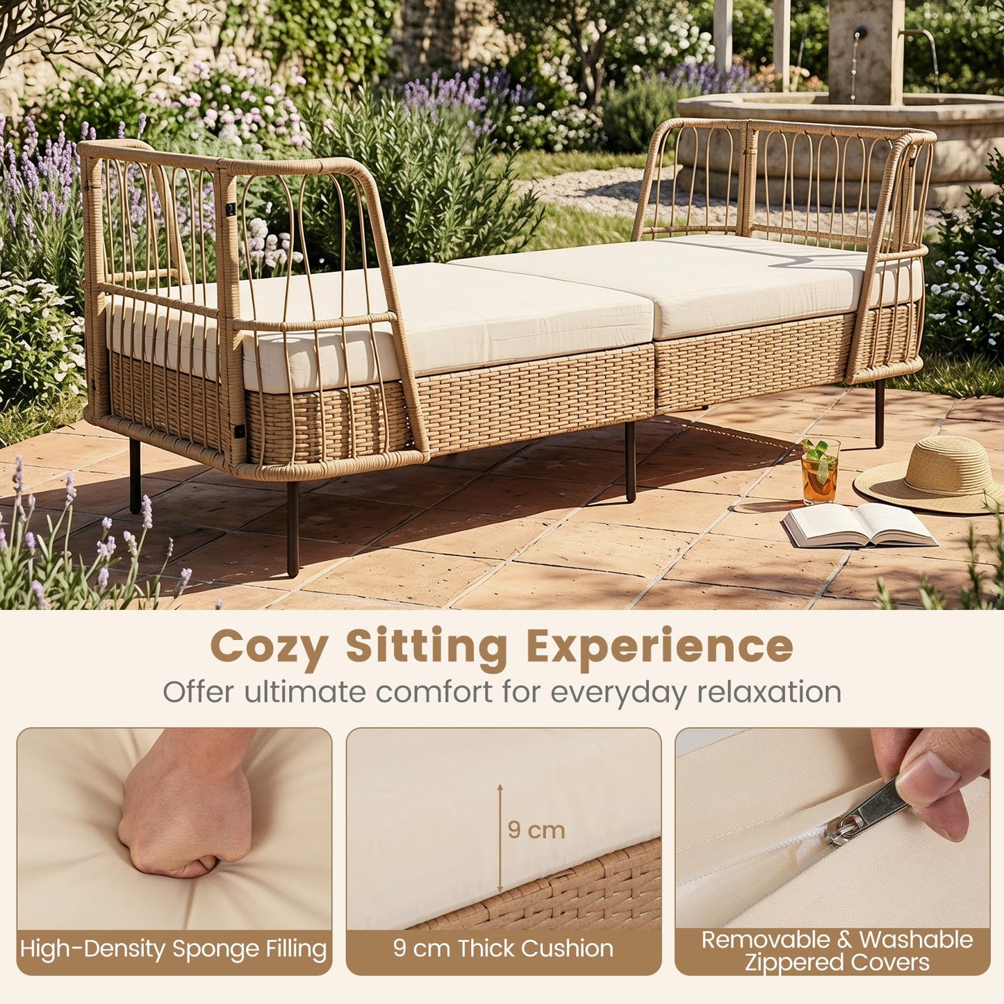 Garden Rattan Daybed, Patio Chaise Lounger Sun Bed with Cushions