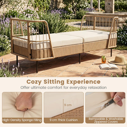 Garden Rattan Daybed, Patio Chaise Lounger Sun Bed with Cushions