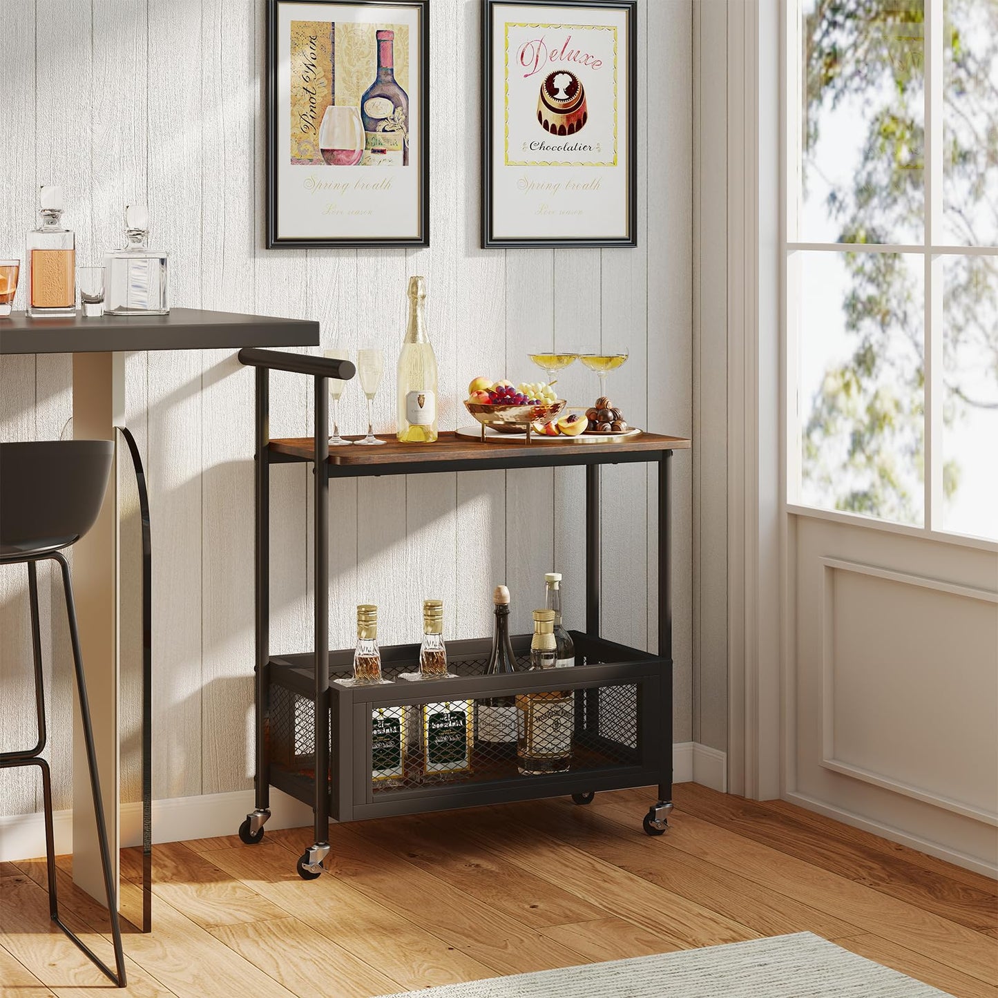 Rolling End Table with Handle 2-Tier Sofa Side Table with Open Shelf