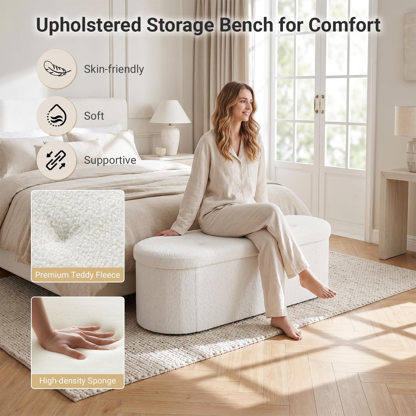 Oval Storage Ottoman Bench, Boucle Folding Footstool