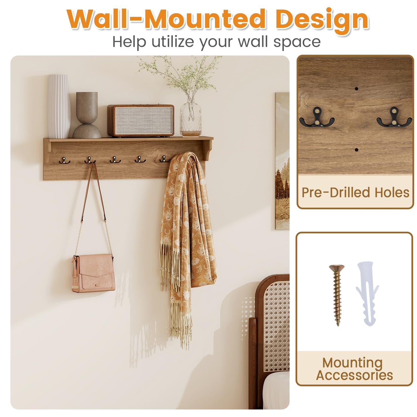 Wall-Mounted Coat Rack with Shelf, 80cm Wooden Wall Shelf Clothes Hanger