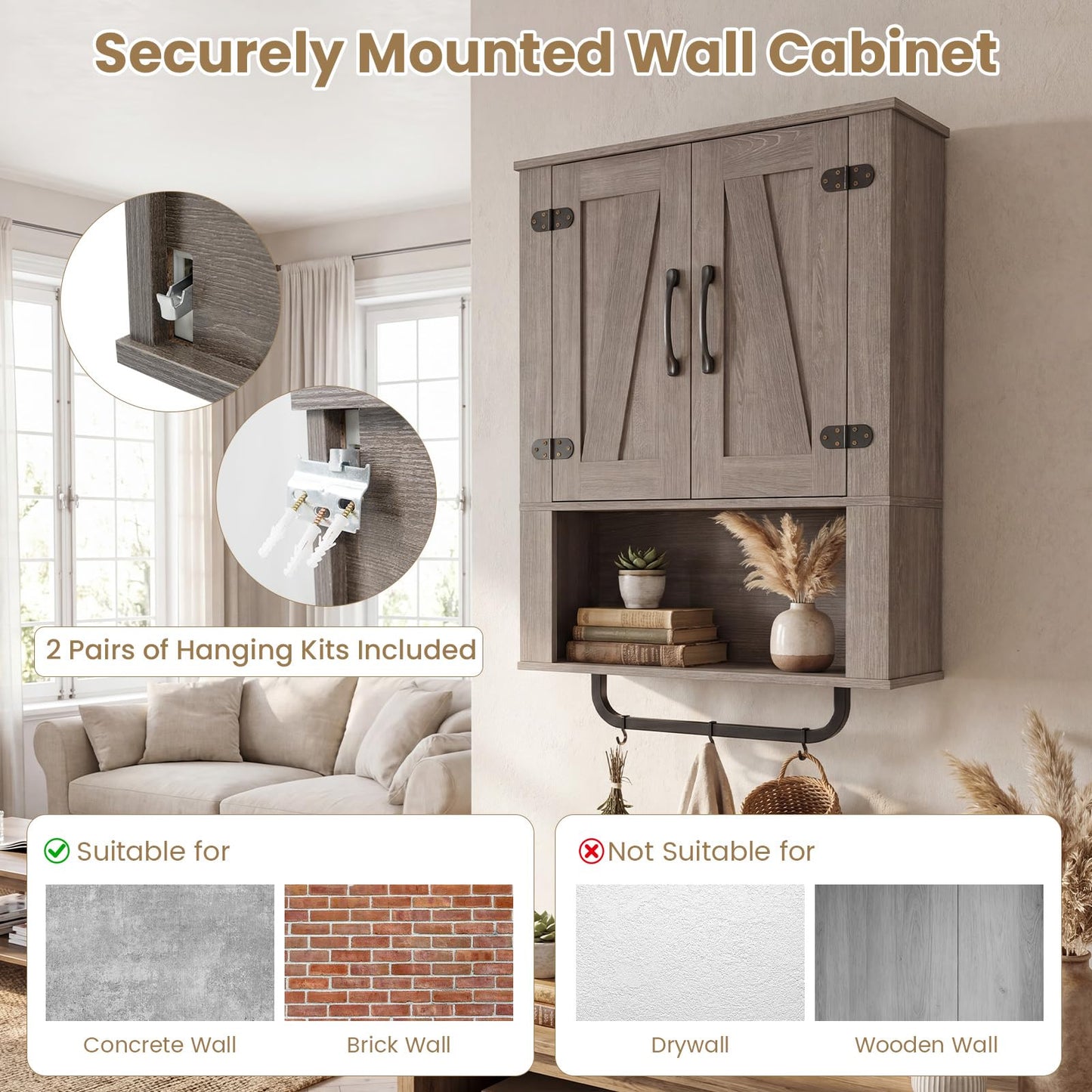 Bathroom Wall Cabinet with 2 Barn Doors & Metal Towel Bar