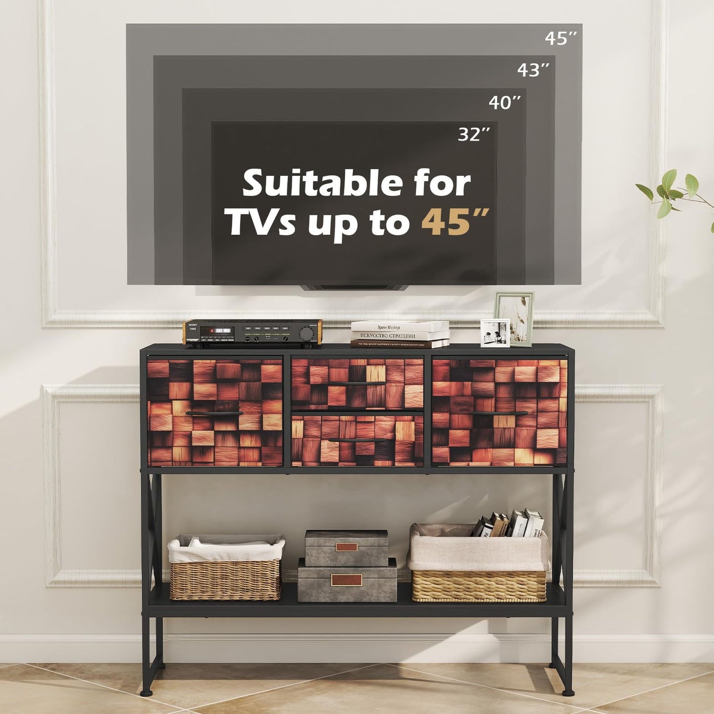 Console Table with 4 Fabric Drawers Shelf and Metal Frame