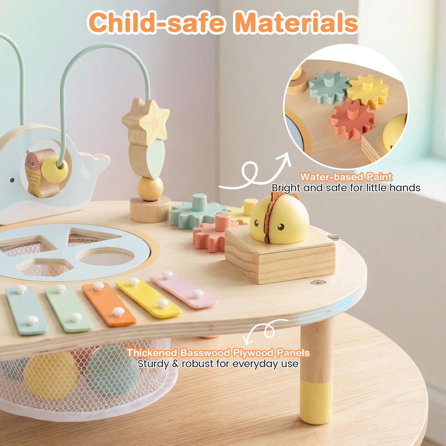 Activity Table for 1+ Year Old, 7-in-1 Wooden Montessori Toy Busy Board