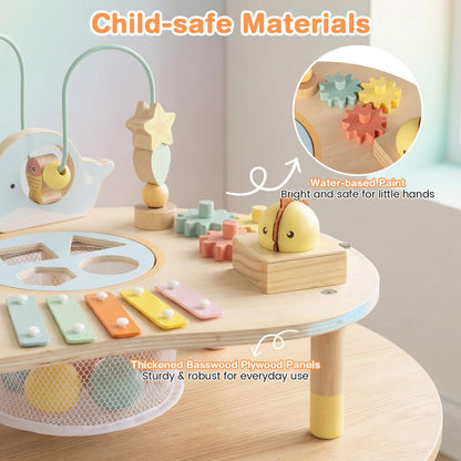 Activity Table for 1+ Year Old, 7-in-1 Wooden Montessori Toy Busy Board