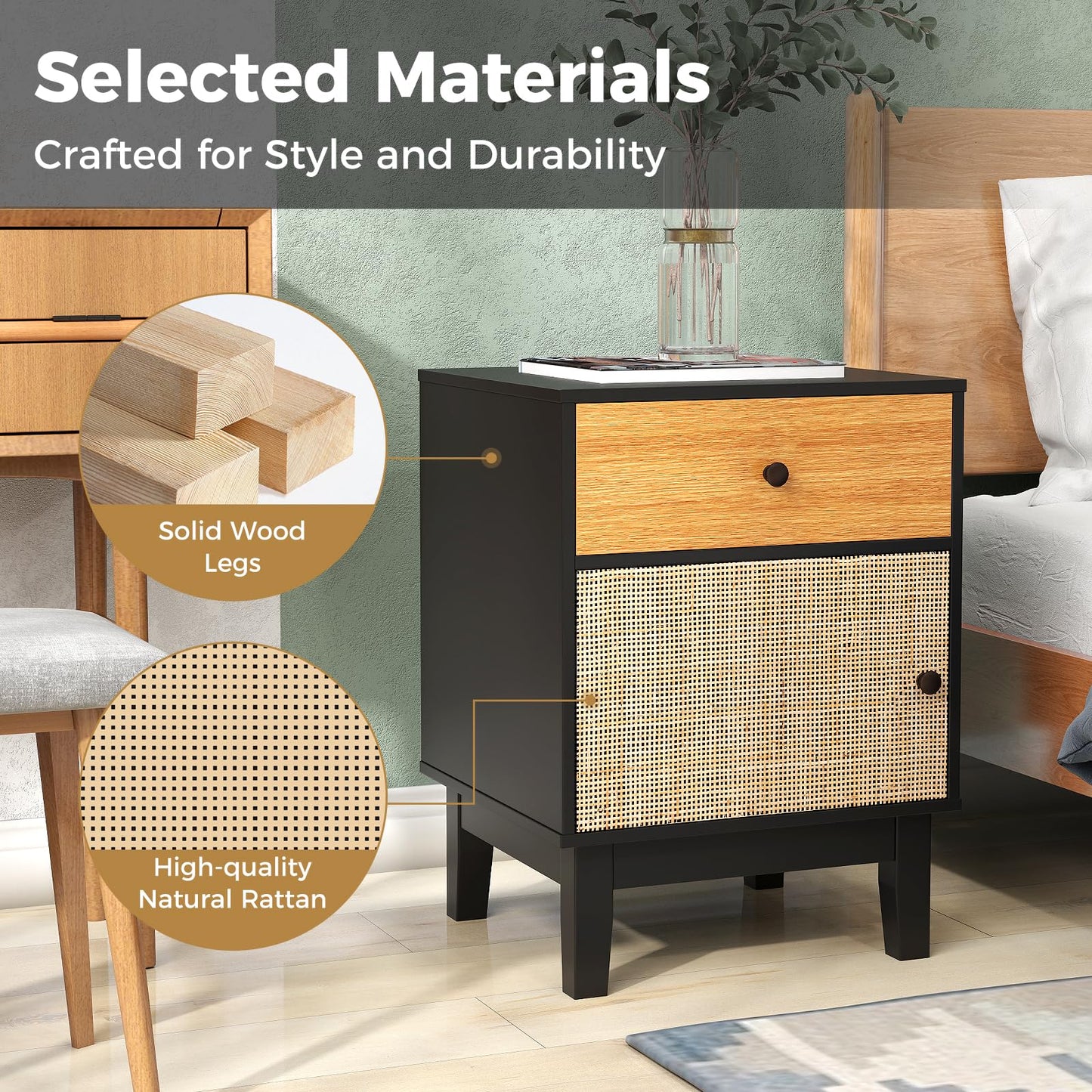 Modern Rattan Nightstand with Storage Drawer and Cabinet