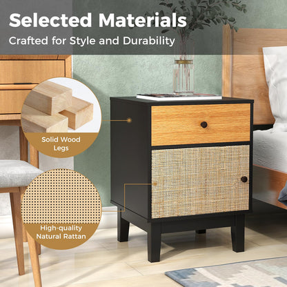 Modern Rattan Nightstand with Storage Drawer and Cabinet