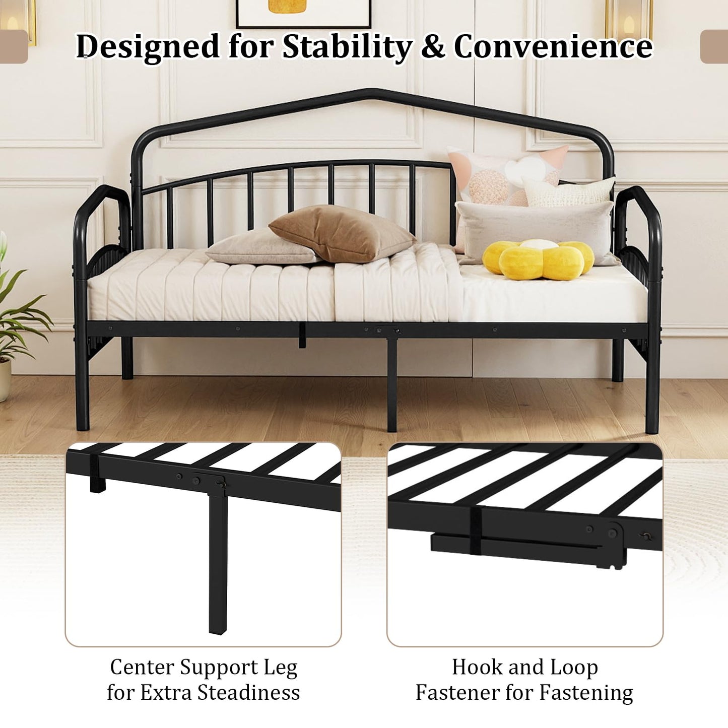 Metal Day Bed with Trundle, Single Bed Frame with Headboard