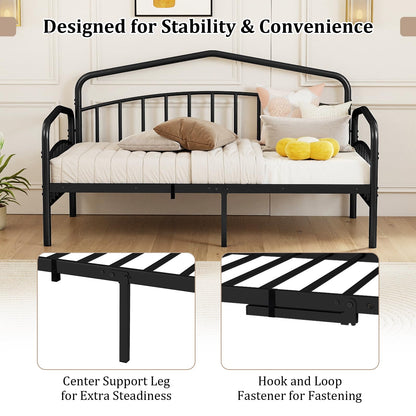 Metal Day Bed with Trundle, Single Bed Frame with Headboard