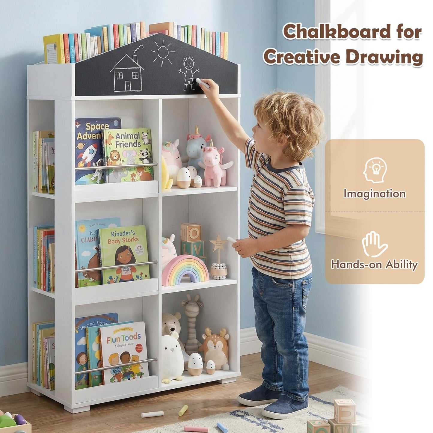 Kids Dollhouse Bookshelf with Chalkboard for Kids Room, Nursery, Playroom