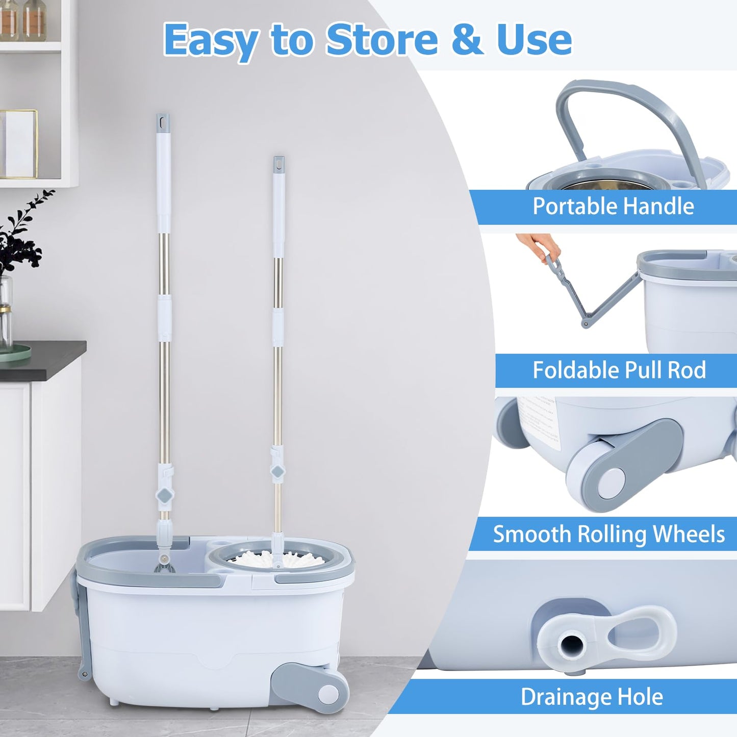 Mop and Bucket Set Hands-Free Washing with Dual Tank Design