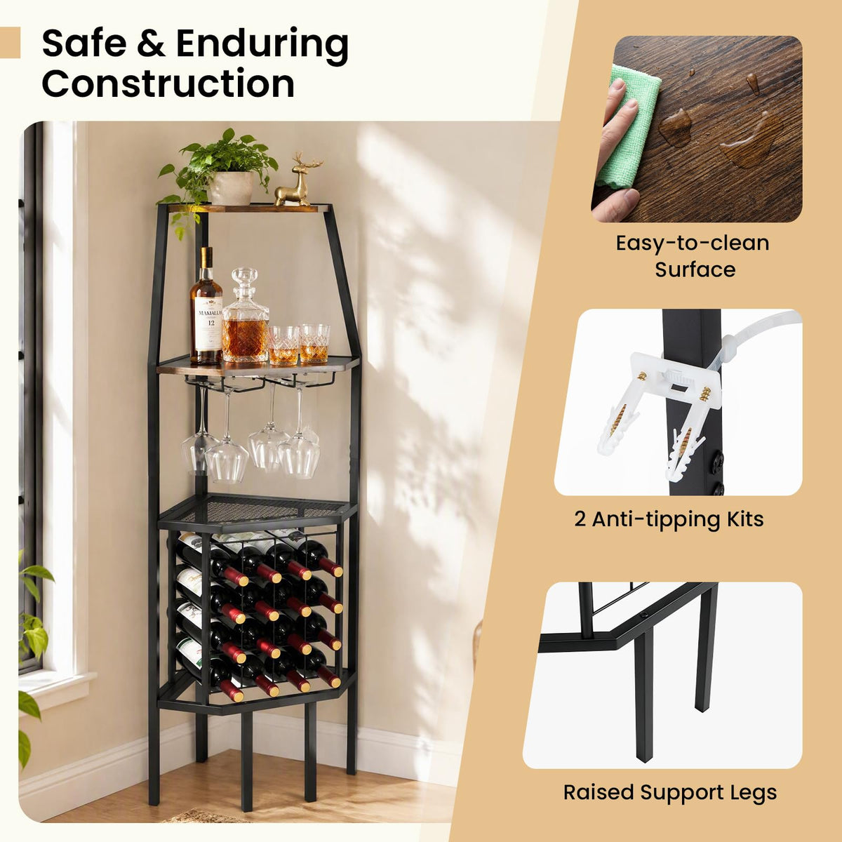 Corner Wine Rack with Glass Holder & Storage Shelves