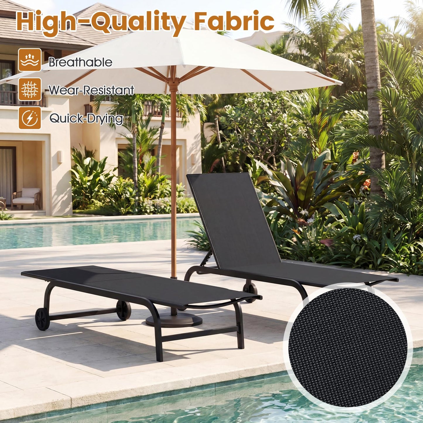 Garden Sun Lounger with Wheels, 6 Positions Adjustable Outdoor Chaise Lounge Chair
