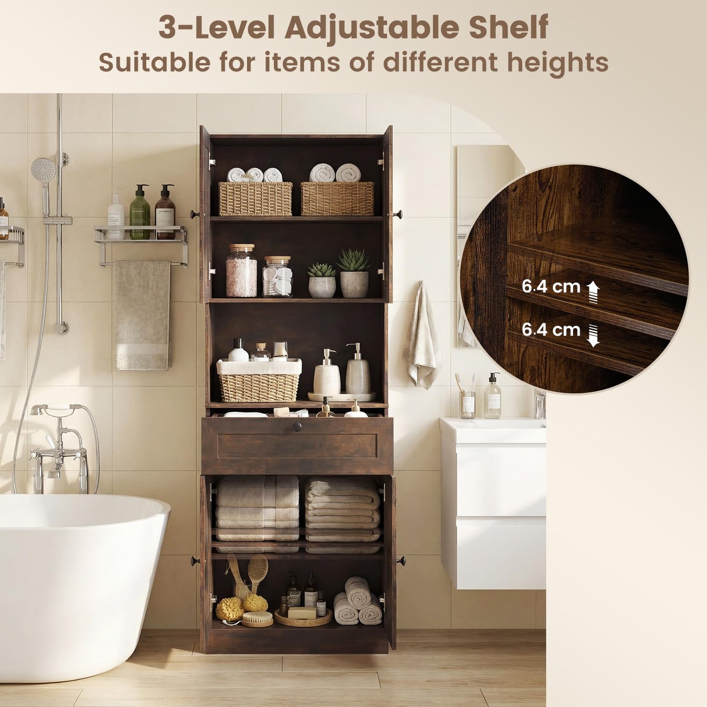 171.5cm Tall Kitchen Cupboard, 4-Door Pantry Storage Cabinet with Adjustable Shelf