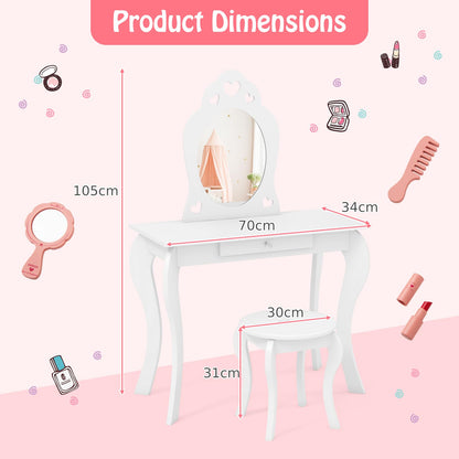 Kids Vanity Table and Stool 2 in 1 with Removable Mirror and Drawer