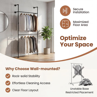 Telescopic Clothes Rail, 2-Tier Walk-in Closet System Open Wardrobe Organiser with 2/4 Hanging Rails