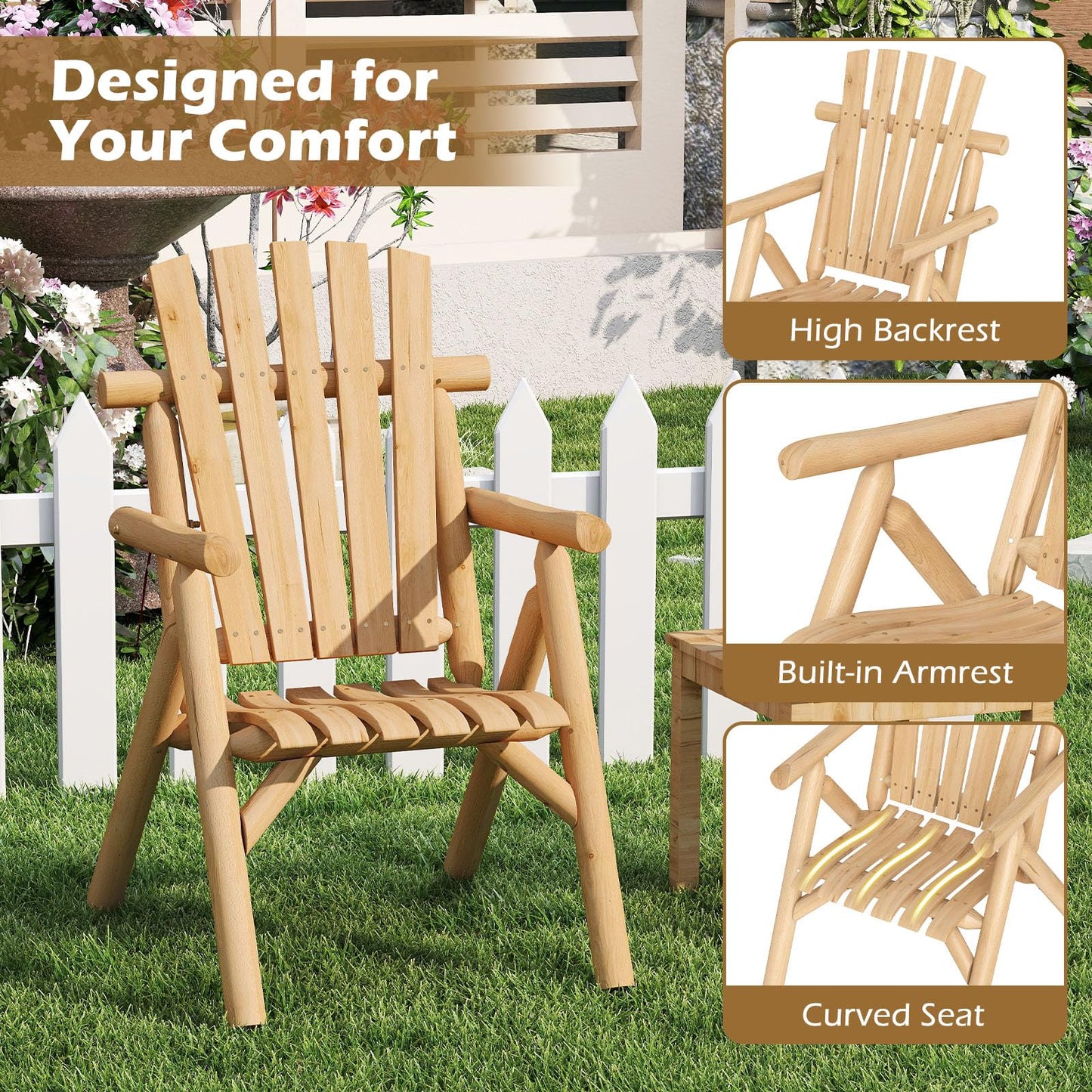 1-Person Garden Chair, Log Wood Fire Pit Lounge Chair with Slatted Backrest