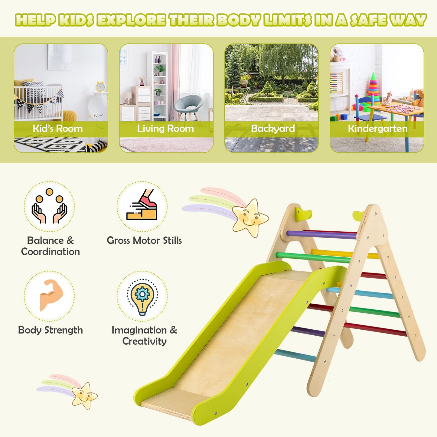 2 in 1 Wooden Triangle Climbing Toy with Gradient Adjustable Slide