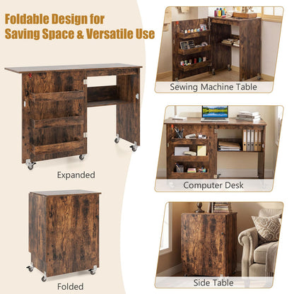 Folding Sewing Table with Storage Shelf and 3 Hidden Bins for Home