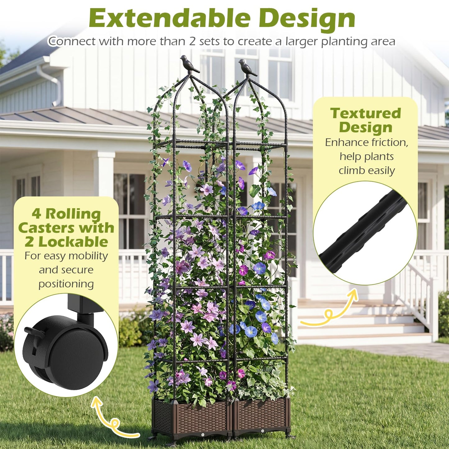 Raised Garden Bed with Trellis, Height Adjustable Rolling Planter Box