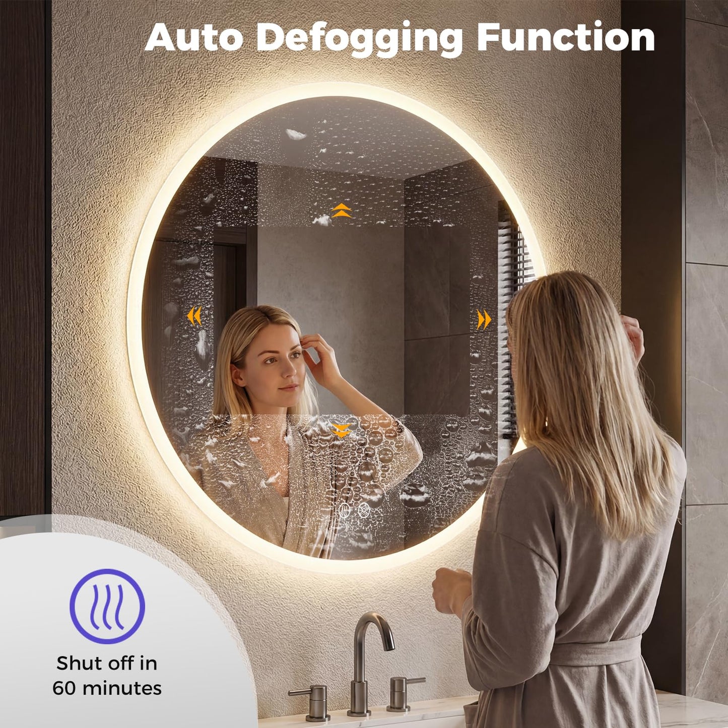 600mm/700mm Round Bathroom Mirror with LED Lights, Illuminated Backlit Wall Mounted Vanity Mirror with 3 Colors