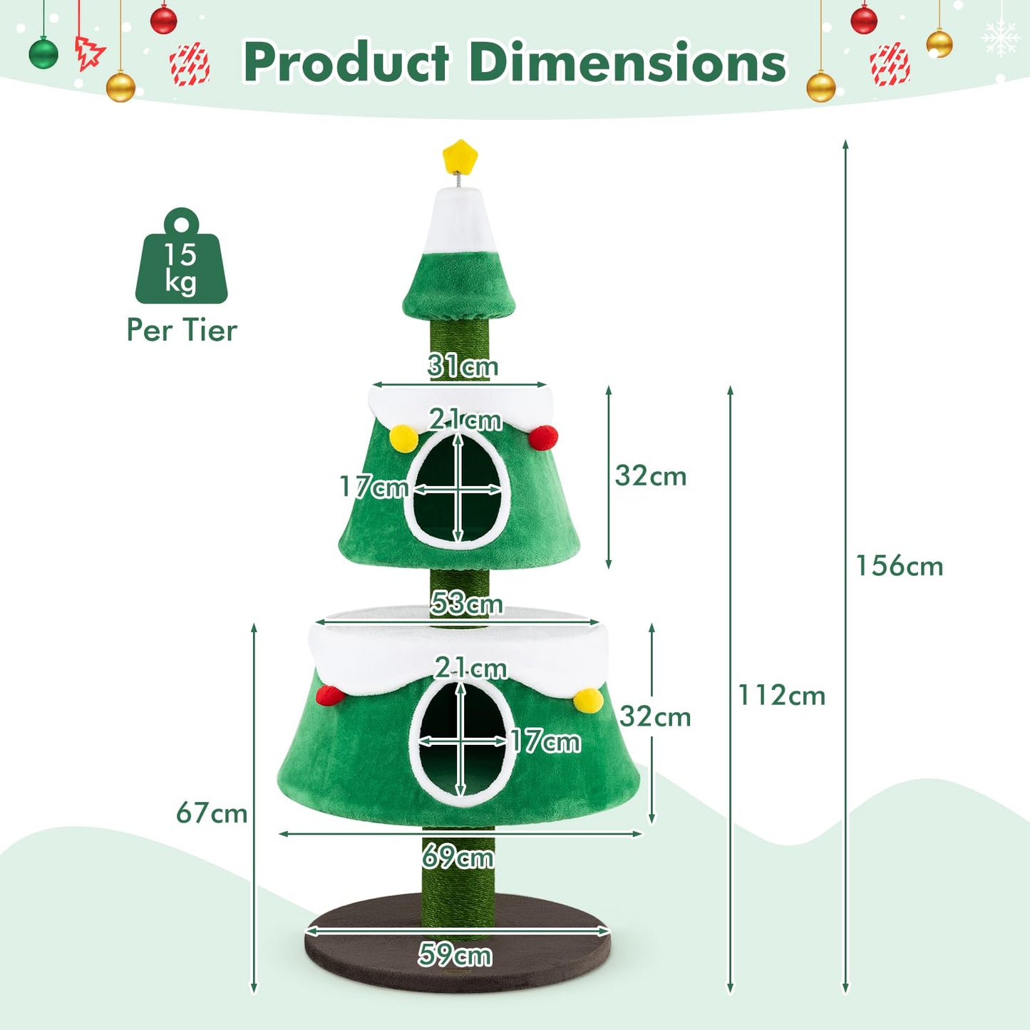 156cm Cat Tree, Christmas Tree Shape Cats Tower with 2 Condos