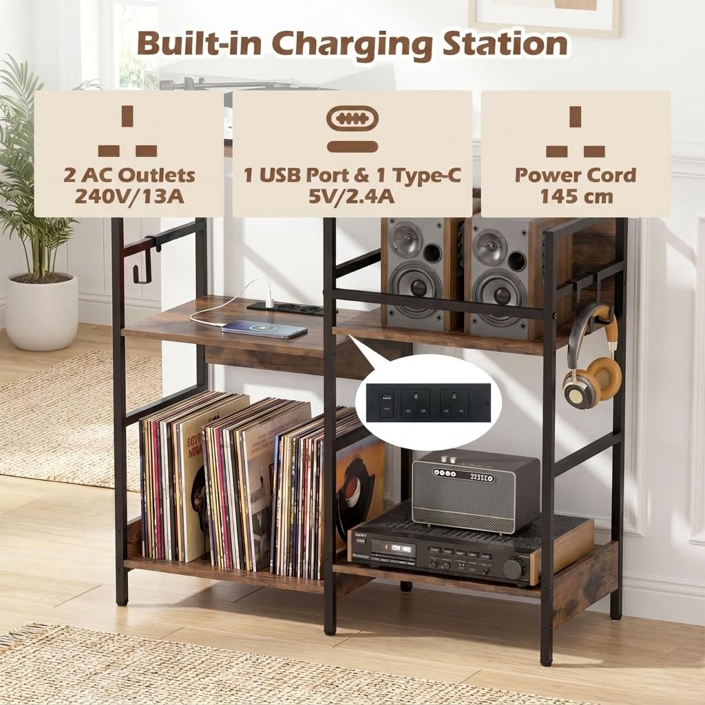 Turntable Stand with Record Rack Hanging Hooks and Compartments for Bedroom