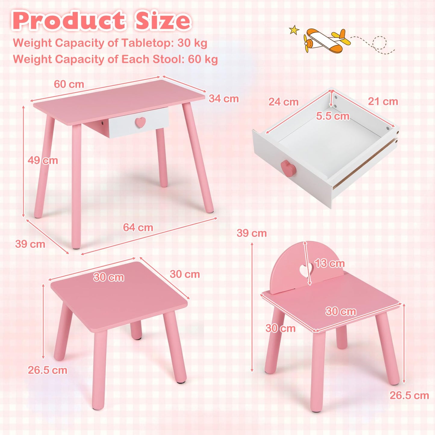 Kids Table and Chairs Set, Children Makeup Table with Eye Shadow