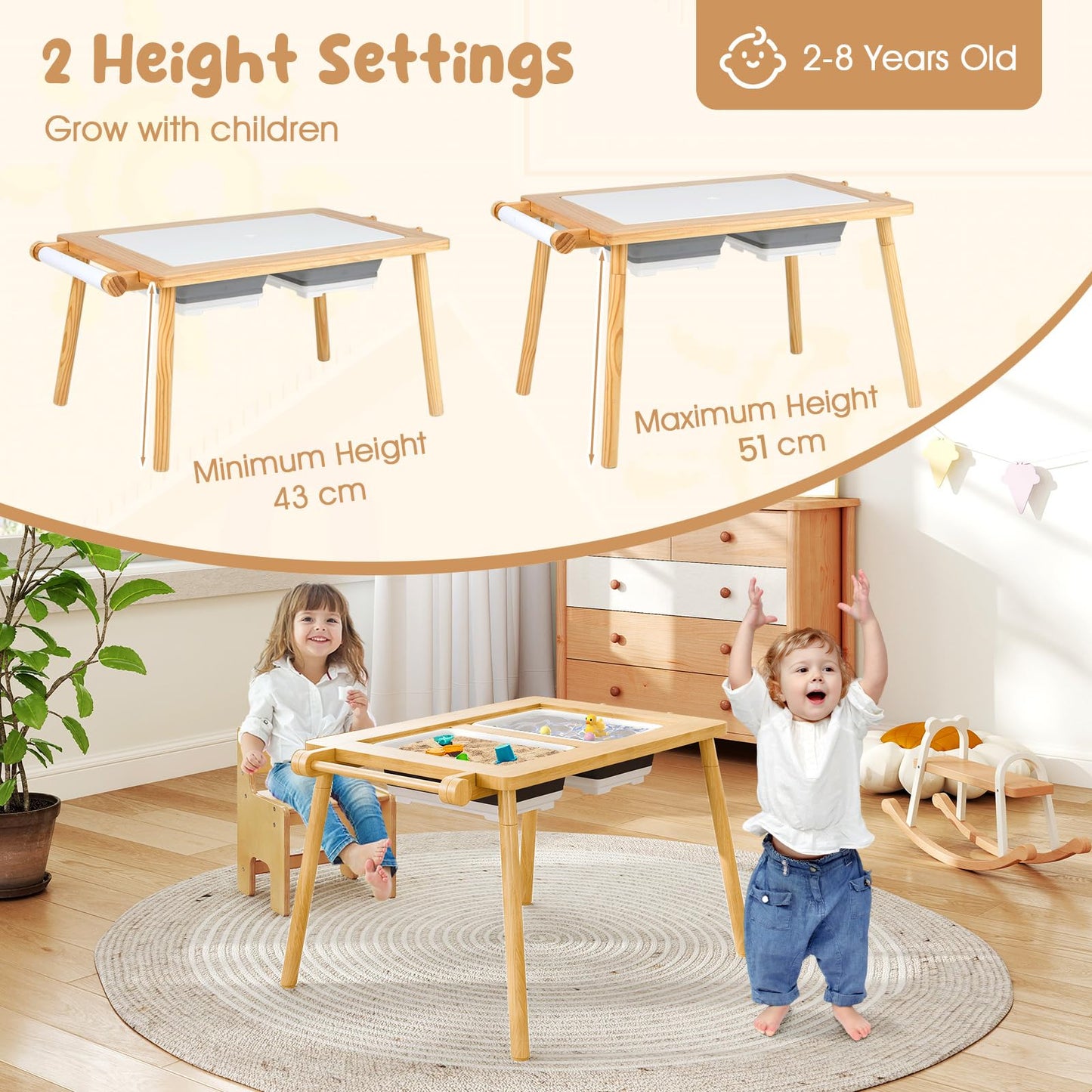 Sensory Table and Chair Set with Foldable Bins for Kids 2 to 8