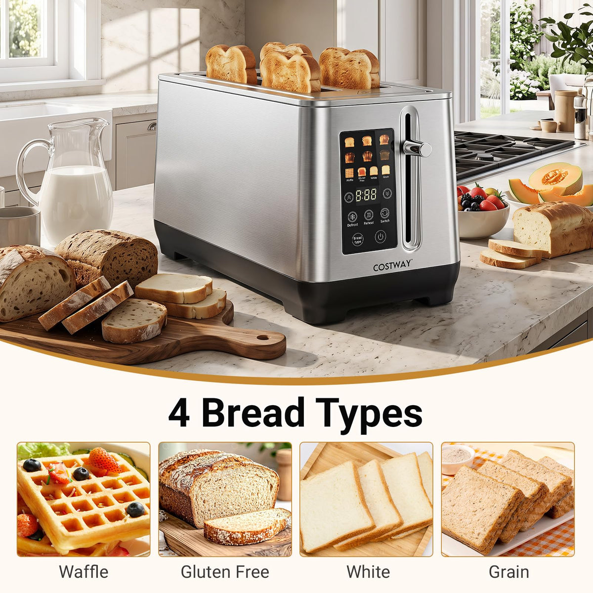 Stainless Steel Toaster with 6 Browning Levels and 4 Bread Types