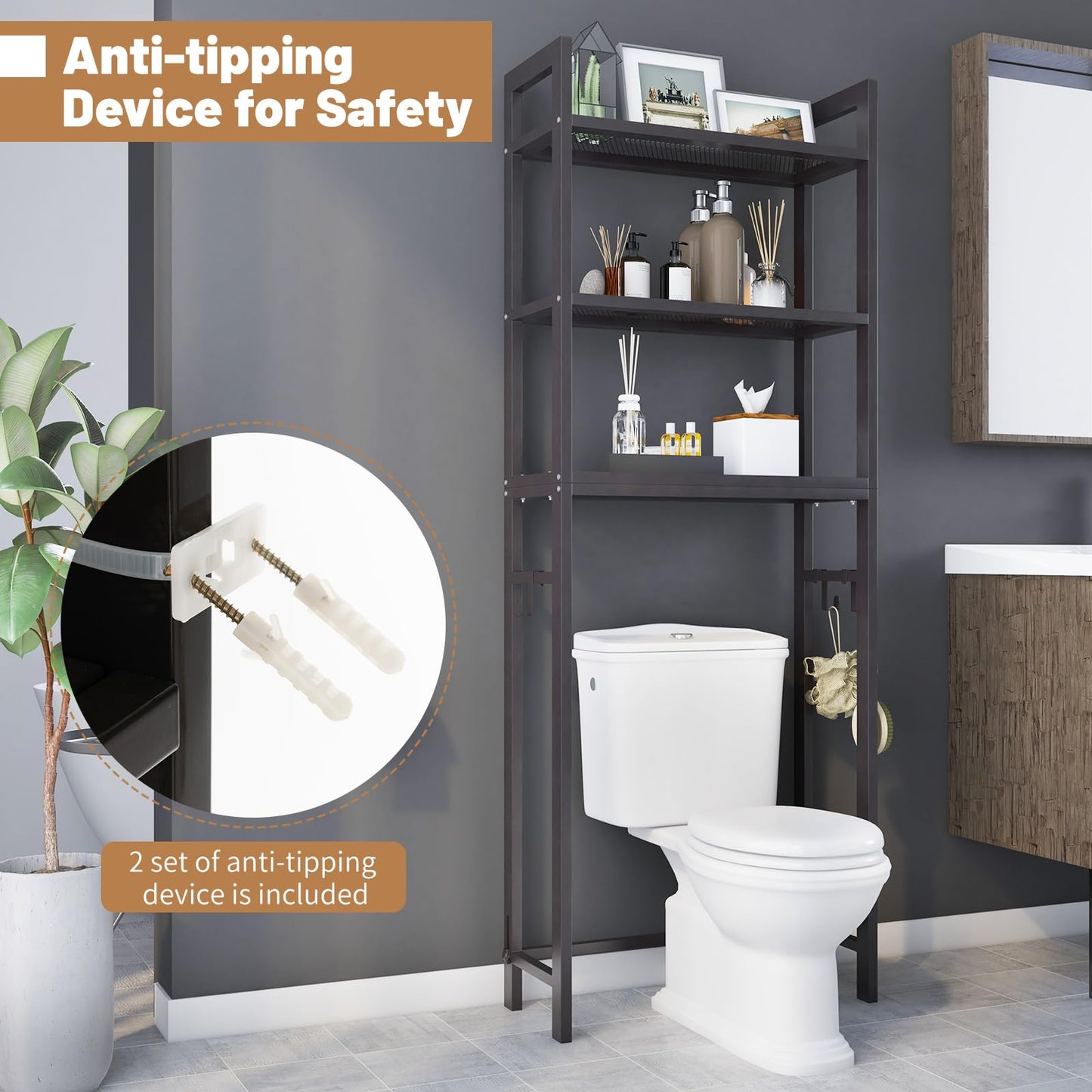 Freestanding Bathroom Shelf Space Saver with 3-Tier Mesh Shelves and 3 Hooks