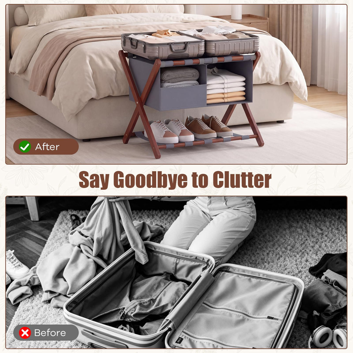 68 cm Foldable Bamboo Luggage Rack with Removable 2-Compartment Storage Bag