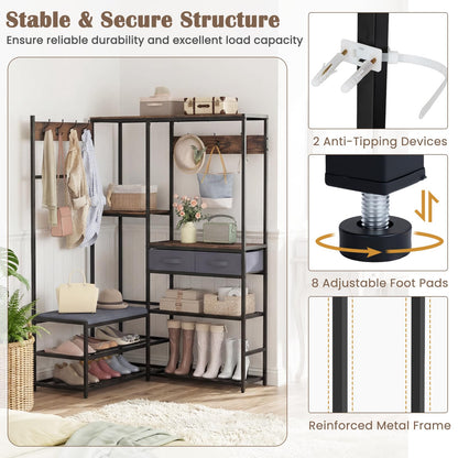 Corner Hall Tree, Coat Rack Stand with Shoe Storage Bench, Shelves