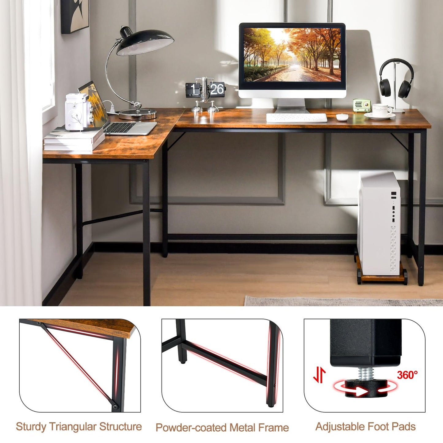 下架-排插有问题L-Shaped Computer Desk, 168cm Metal Frame Corner Writing Workstation with Charging Station