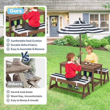 Wood Kids Picnic Table and Bench Set with Cushions
