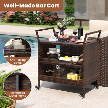 Outdoor Bar Cart 3-Tier Patio Rattan Storage Shelf with Lockable Universal Wheels