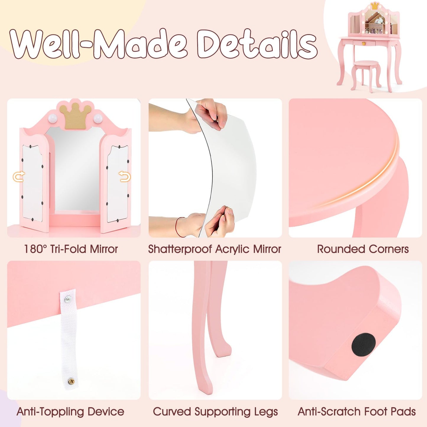 Kids Vanity Set with Lighted Mirror and Adjustable Brightness Pull-out Drawer and Stool