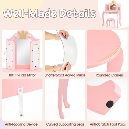 Kids Vanity Set with Lighted Mirror and Adjustable Brightness Pull-out Drawer and Stool