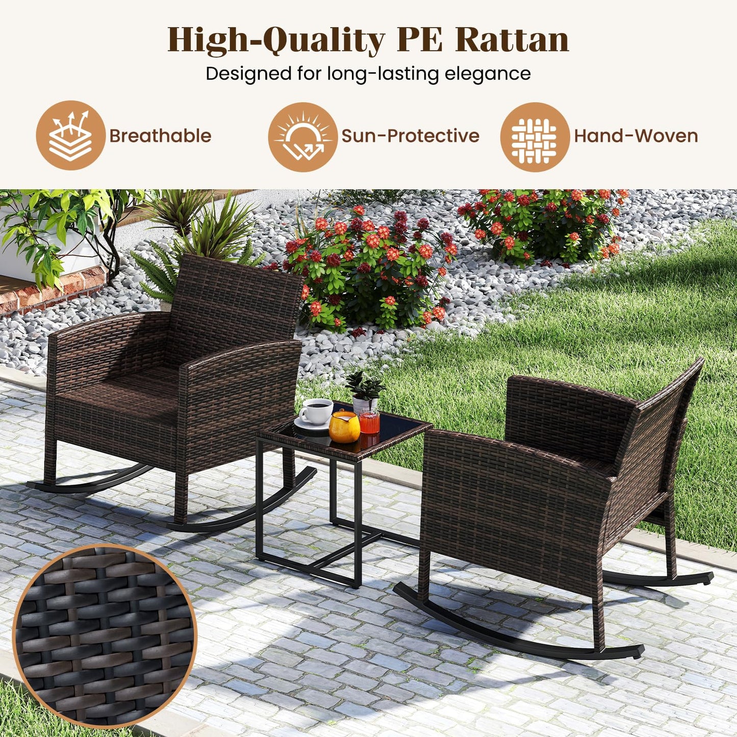 3 PCS Garden Rocking Bistro Set, PE Rattan Furniture Set with Coffee Table