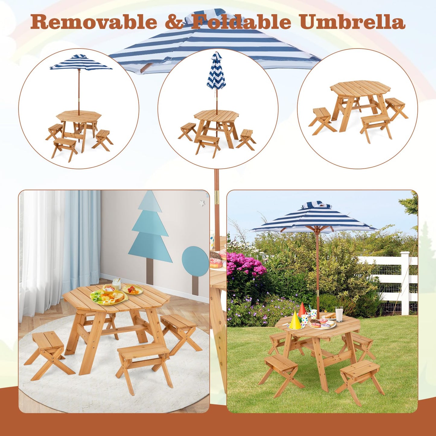 Wooden Kids Picnic Table and Benches Set with Foldable Parasol