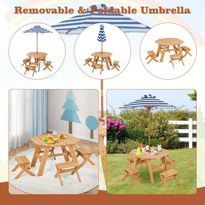 Wooden Kids Picnic Table and Benches Set with Foldable Parasol