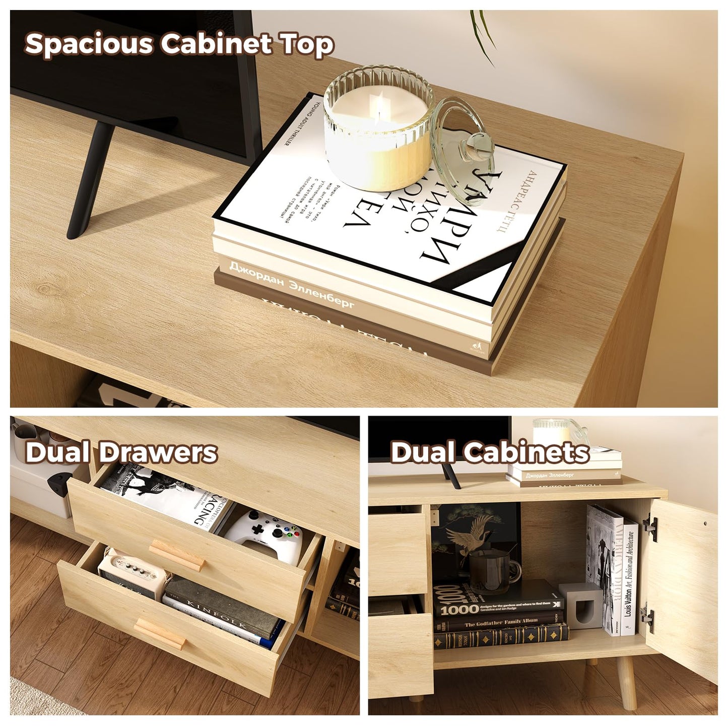 150cm TV Cabinet Media Entertainment Center with Rattan Doors and Storage Drawers