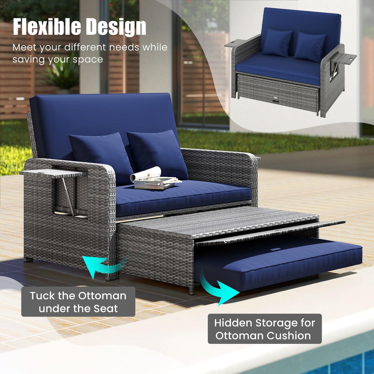 Garden Rattan Daybed, 4-Level Adjustable Patio Wicker Loveseat Sofa Bed Sun Lounger