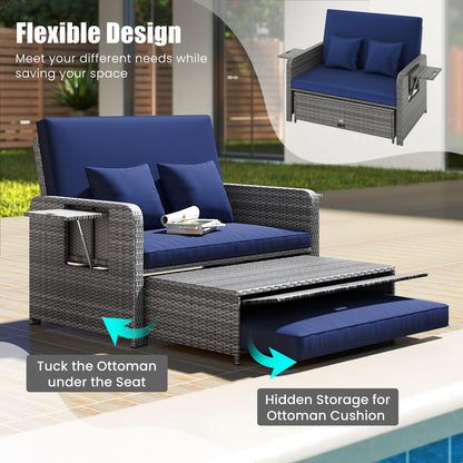 Garden Rattan Daybed, 4-Level Adjustable Patio Wicker Loveseat Sofa Bed Sun Lounger