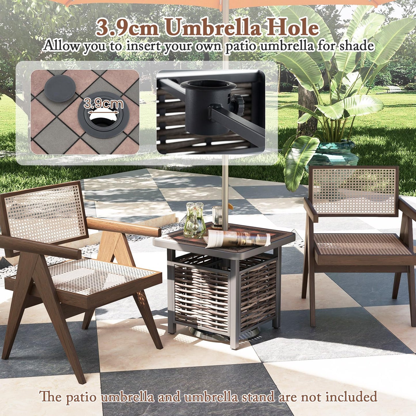 55cm All-Weather Square Patio Rattan Side Table with Umbrella Hole