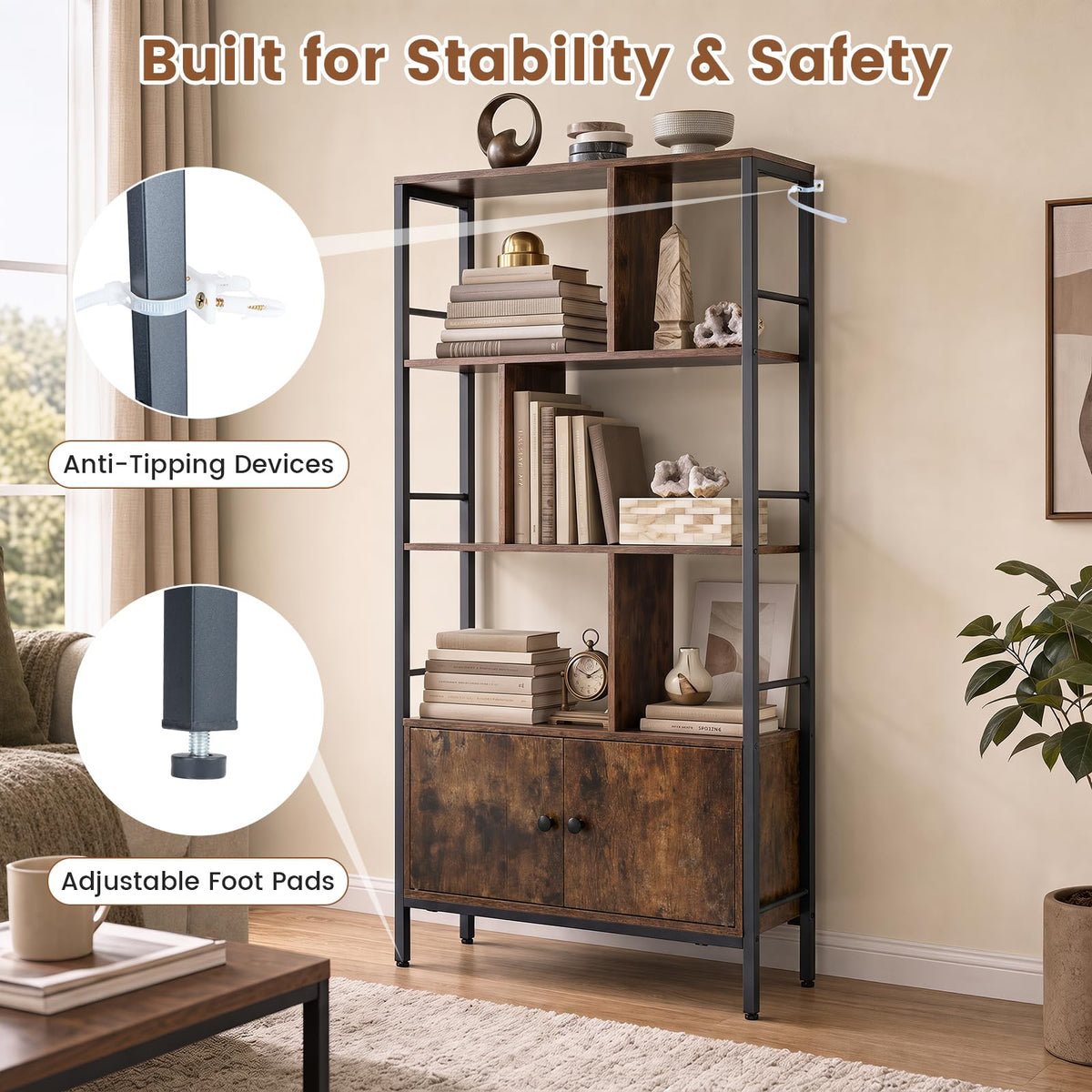 Modern Bookcase with Steel Frame 3-Tier Shelves and 2-Door Cabinet for Living Room