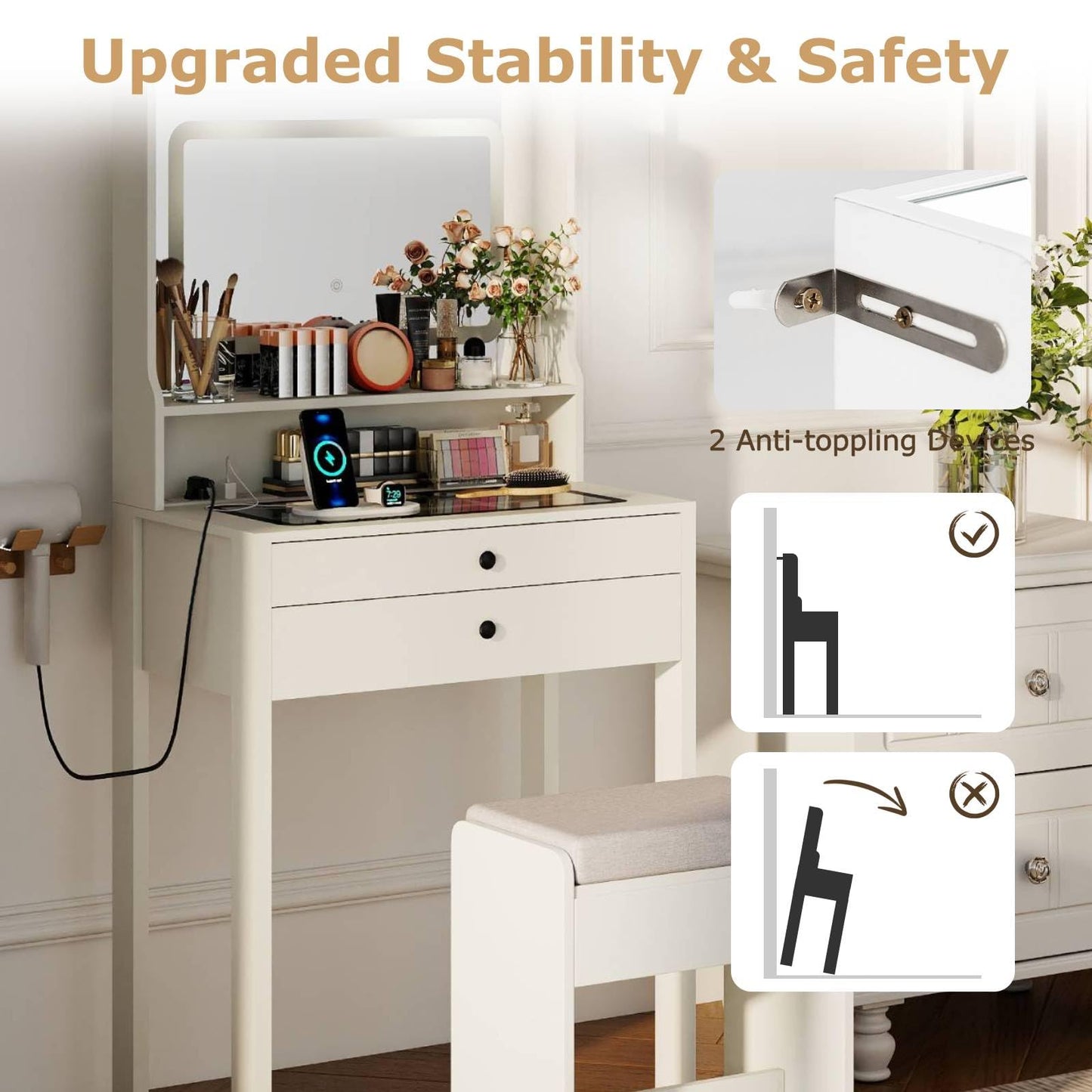 Vanity Desk with Power Outlets and 3 Color Lighting Modes for Bedroom